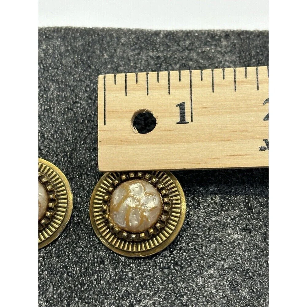 VTG ROUND GOLD TONE FAUX BAROQUE PEARL CLIP EARRINGS ETRUSCAN Art FLORENZA